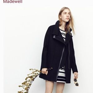 Madewell City Grid Cocoon Warm Coat Black Wool Full Zip Leather Trim Jacket sz00